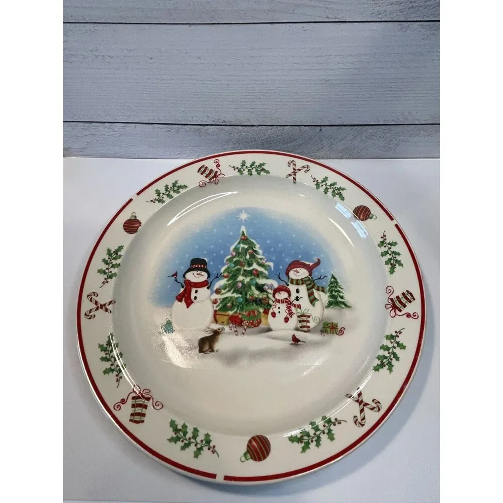 Christmas Snowman Decorative Plate 10in Winter Holiday Tree Snow Folk Art Decor
